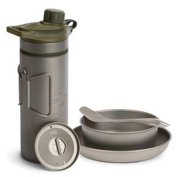 Grayl GeoPress Titanium Filter and Purifier Water Bottle PLUS Strainer Lid – 24 Fluid Ounces & Dining Set/ Cart View / Olive Drab